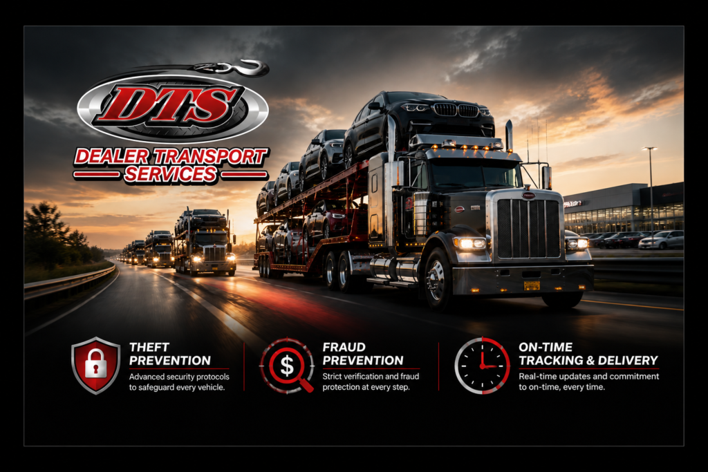 Dealer Transport Services auto transport trucks transporting dealership vehicles with a focus on theft prevention, fraud prevention, and reliable nationwide vehicle delivery.