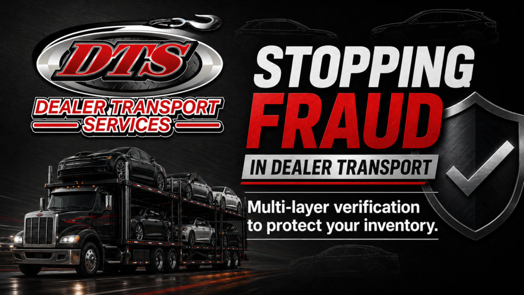 Dealer Transport Services infographic highlighting auto transport fraud prevention through multi-layer carrier verification and secure vehicle transportation.